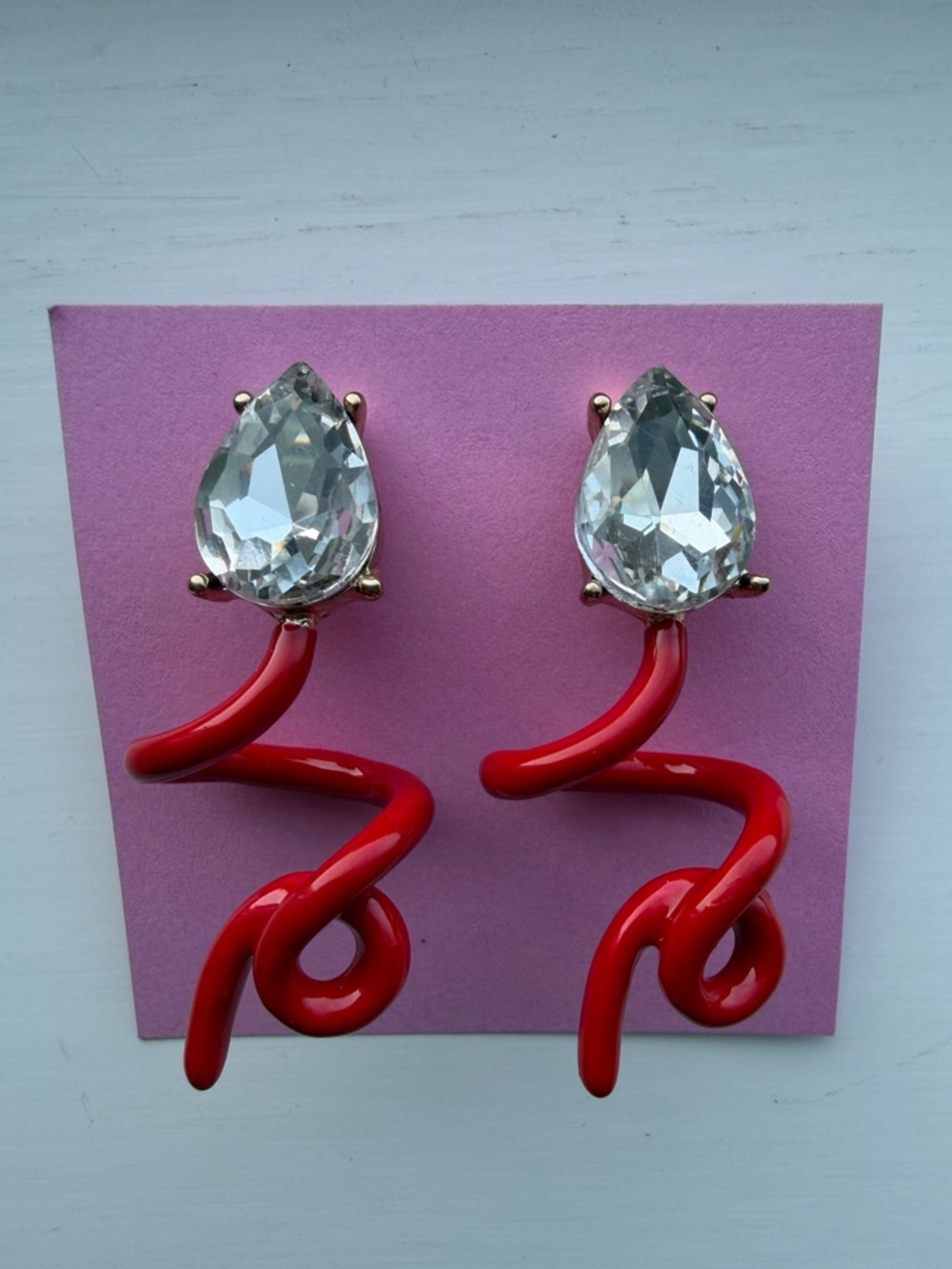 Red Enamel Spiral Squiggle Drop Earrings with White Teardrop Stone